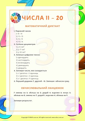 Числа від 11 до 20 для 1 класу - утворення, порівняння, обчислення