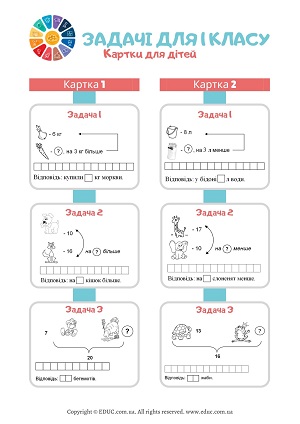 Задачі 1 клас математика: 4 картки-збірки для практики для дітей