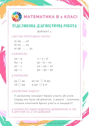 Підсумкова діагностична робота з математики 1 клас 2 варіанти