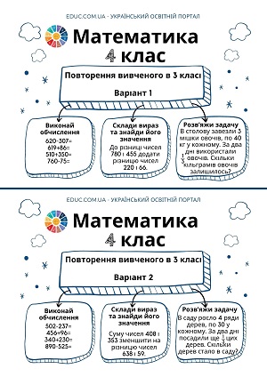 Математика в 4 класі повторення вивченого в 3 класі - 2 варіанти