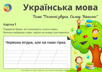 Картки для занять: тема "Голосні звуки Склад Наголос" завантажити