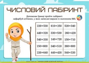 Числовий лабіринт: завдання на додавання круглих чисел виду 340+220