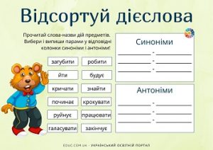 Відсортуй дієслова завдання з теми Дієслово синоніми, антоніми