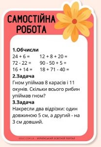 Самостійна робота для 1 класу: обчислення виразів + задачі