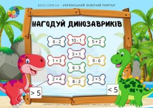 Нагодуй динозавриків: обчислення в межах 10 + порівняння числа і виразу