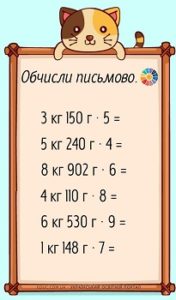 Картки для 4 класу «Множення складених іменованих чисел, виражених в одиницях маси, на одноцифрове число»