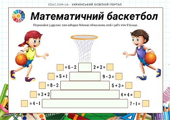 Математичний баскетбол в 1 класі картки для роботи в парі - безкоштовно на EDUC.com.ua